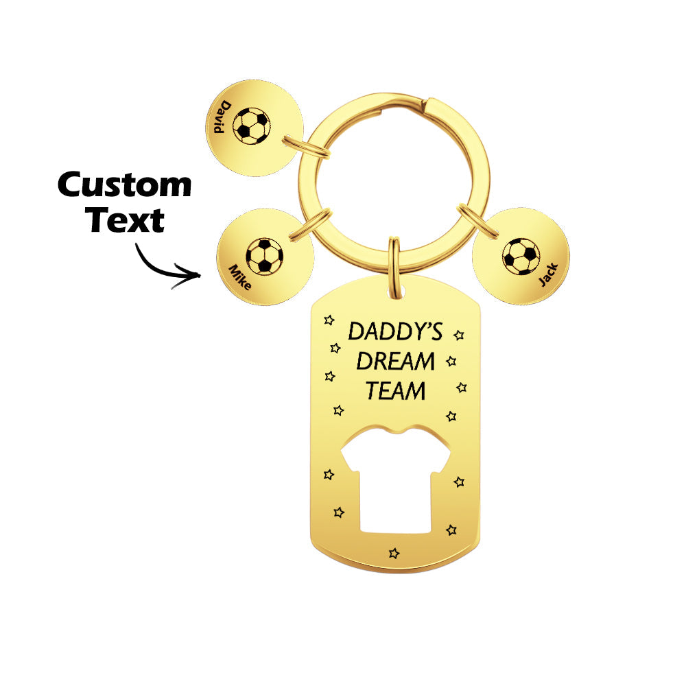 Close-up of name bar on personalised football keyring with crisp metal stamping – customisable with children's names