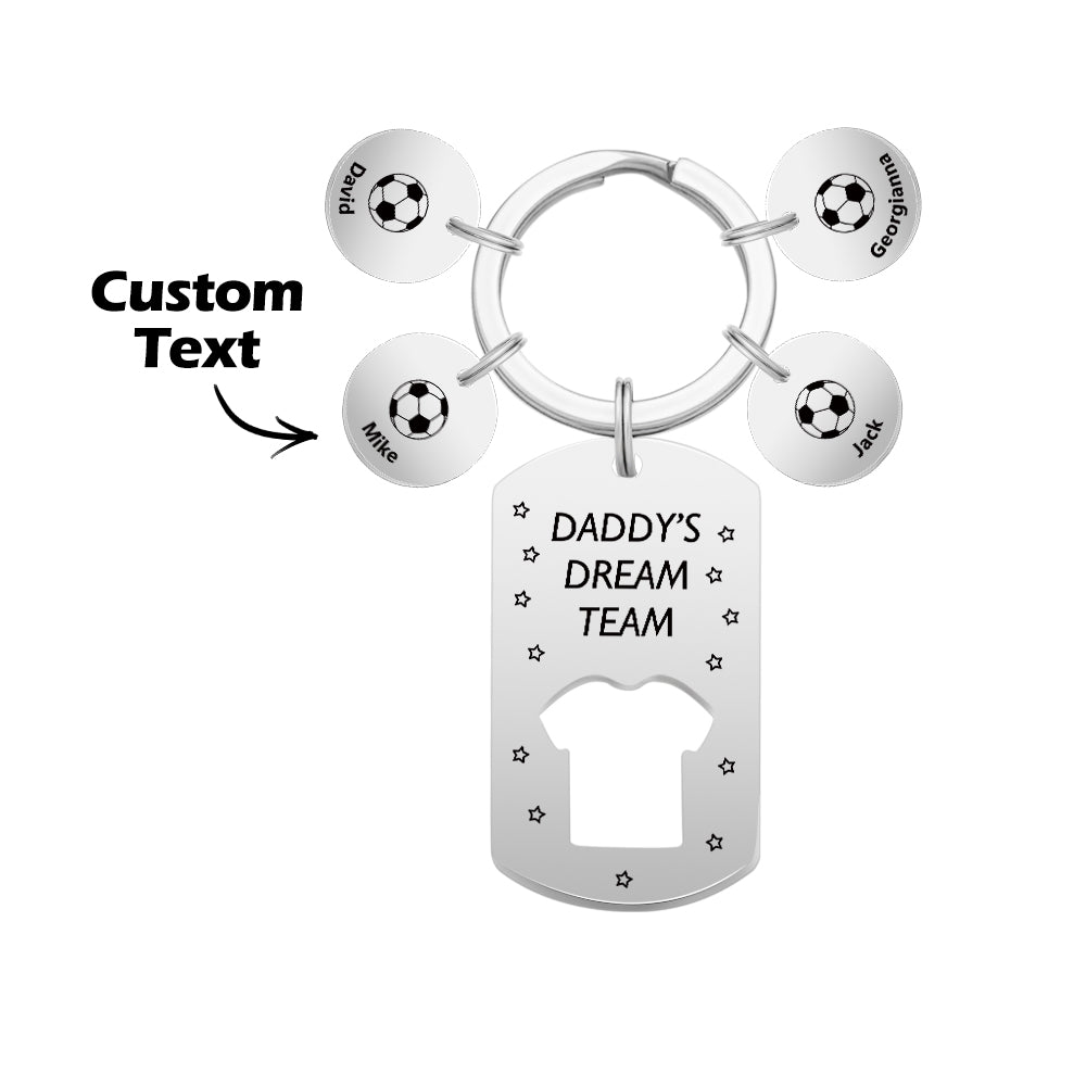 Multiple personalised keyrings laid out to show variety of name combinations and the engraved football charm design