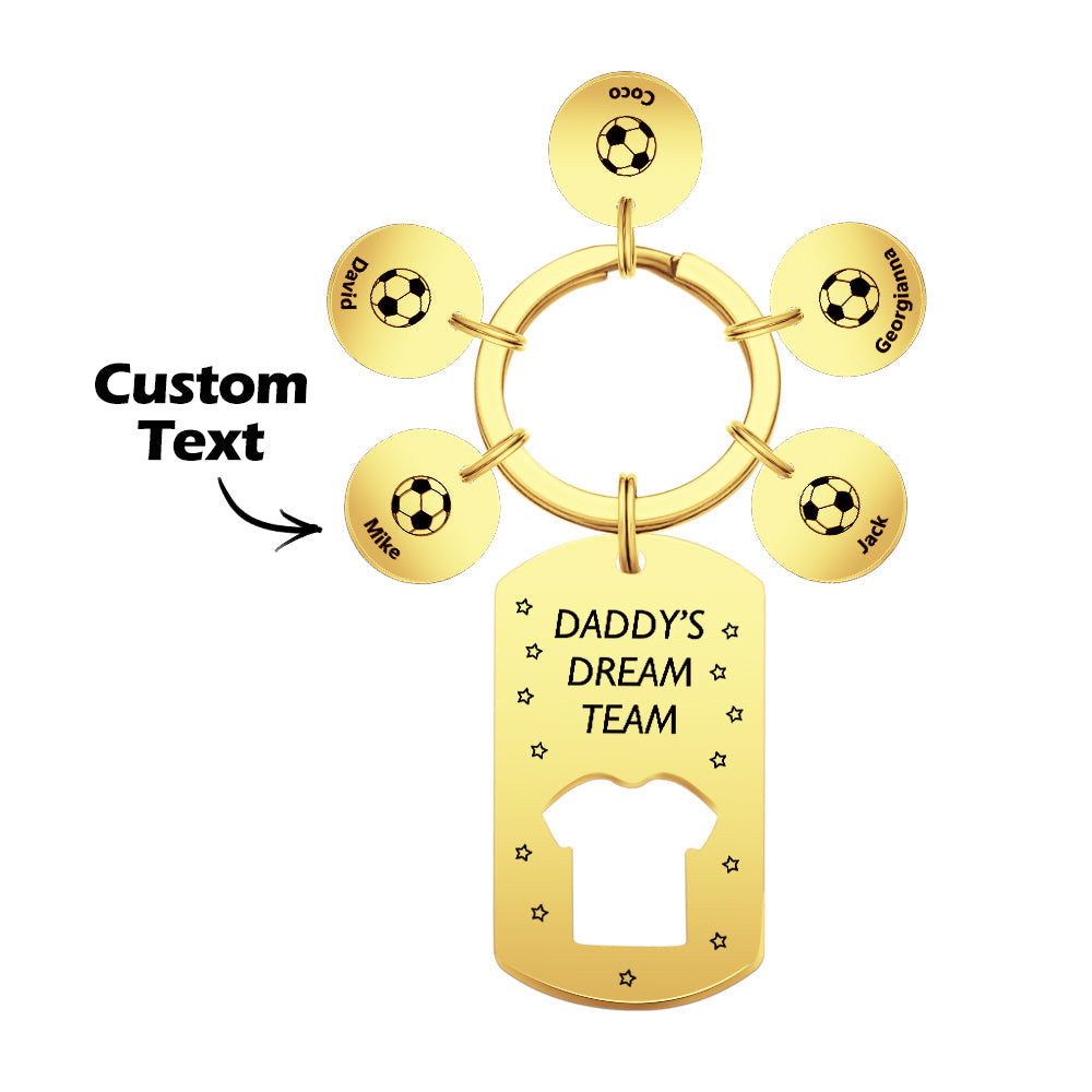 Gift idea: 'Daddy's Dream Team' engraved football keyring presented with ribbon, ideal for Father's Day or birthday