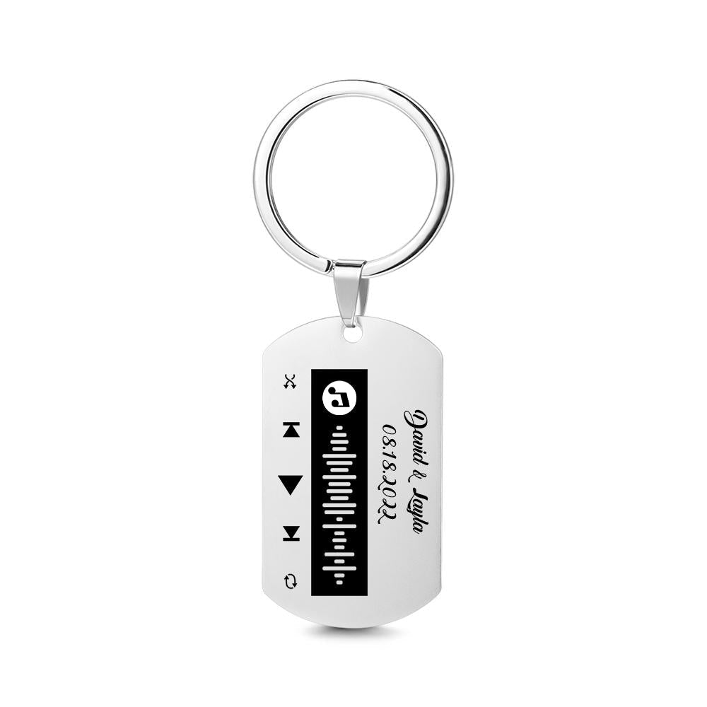 Close-up of personalised stainless steel keyring showing scannable Spotify music code, uploaded photo and optional engraved text