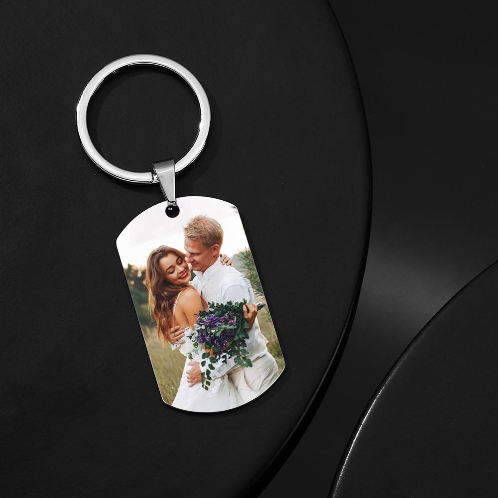 Lifestyle view of a personalised photo keyring attached to keys and a bag — stainless steel Spotify keychain with scannable music code