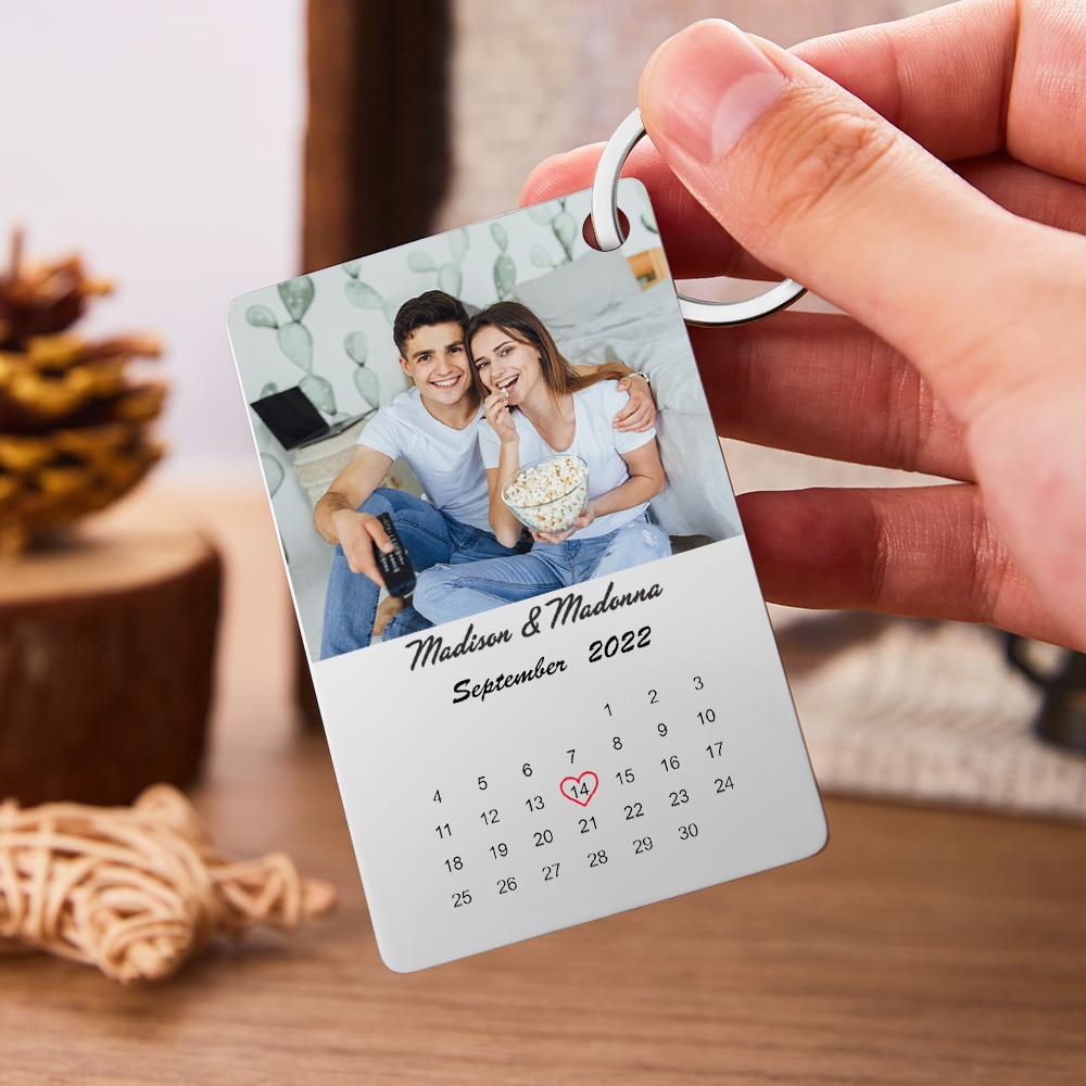 Close up of stainless steel personalised keychain showing engraved name photo print and tiny calendar ideal custom keepsake for couples parents or him or her