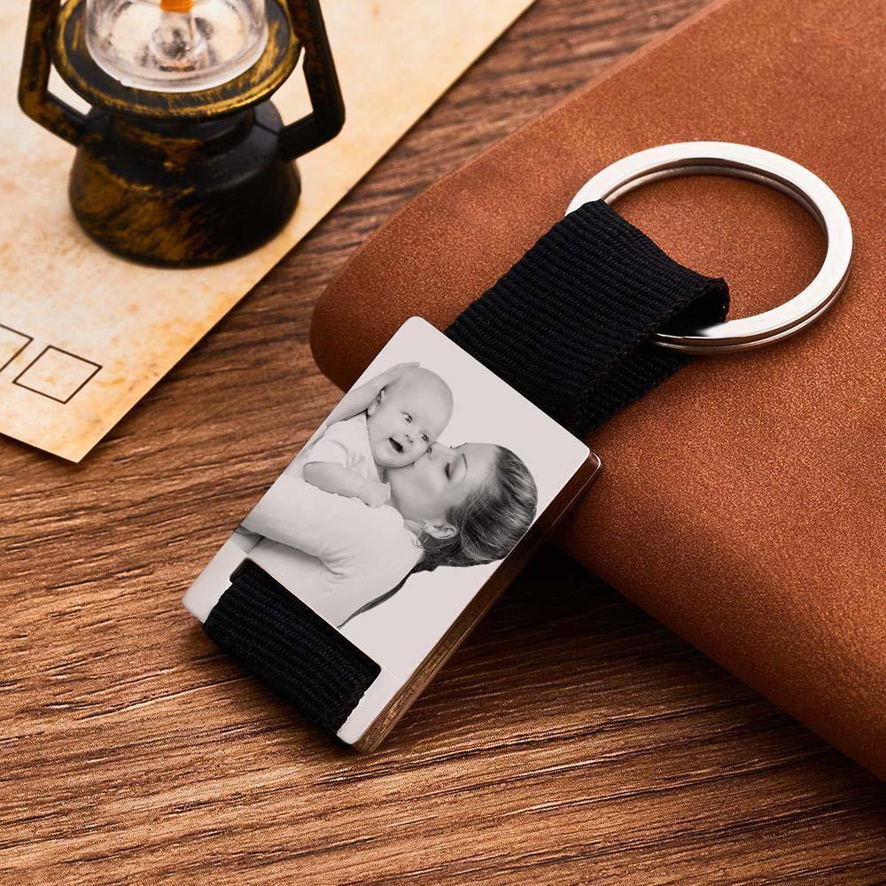Close-up of a personalised photo engraved calendar keyring with custom name and highlighted anniversary date – engraved photo keychain keepsake