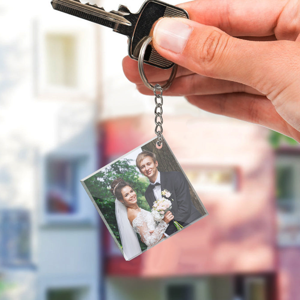 Two-sided personalised acrylic keyrings displayed together highlighting photo side and custom mini calendar — ideal graduation, memorial or teacher gift