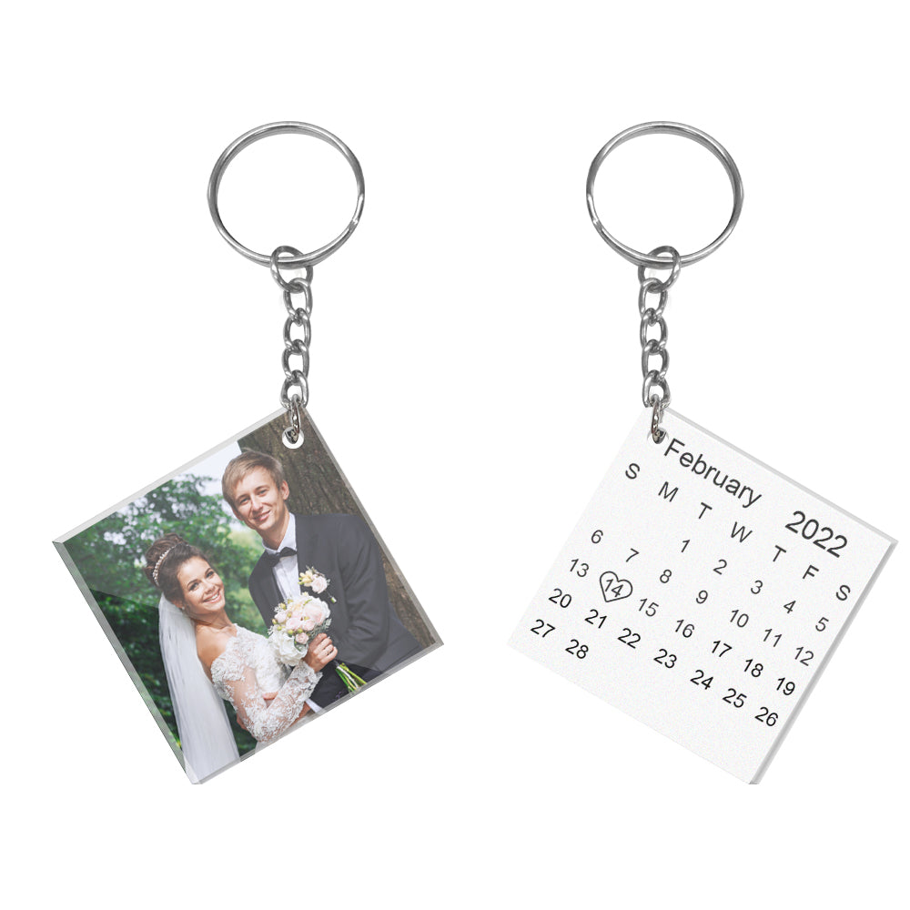 Close-up of double-sided personalised photo keyring showing crisp print and custom calendar date — acrylic keepsake keychain