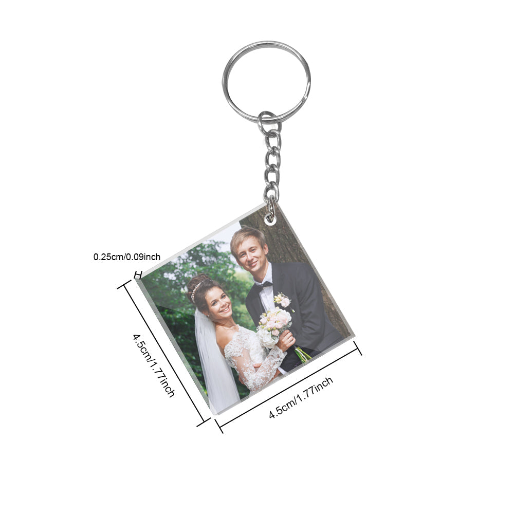 Compact 1.8×1.8in acrylic photo keychain on a metal split ring — personalised calendar keyring for weddings and birthdays