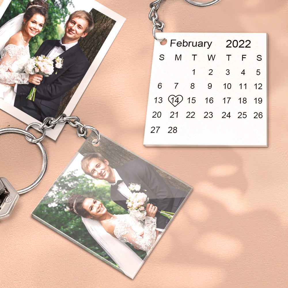 Two-sided personalised acrylic keyrings displayed together highlighting photo side and custom mini calendar — ideal graduation, memorial or teacher gift
