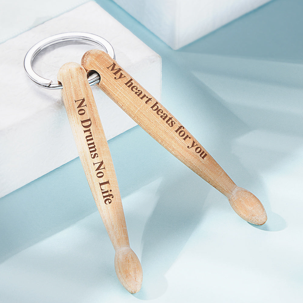 Personalised engraved wooden drumstick keyring with custom photo and text — solid wood charm on ornate metal ring, ideal gift for drummers