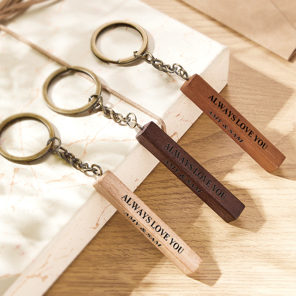 Three-sided view of engraved wooden keyring displaying photo, personalised message and ornate metal ring — custom photo anniversary present