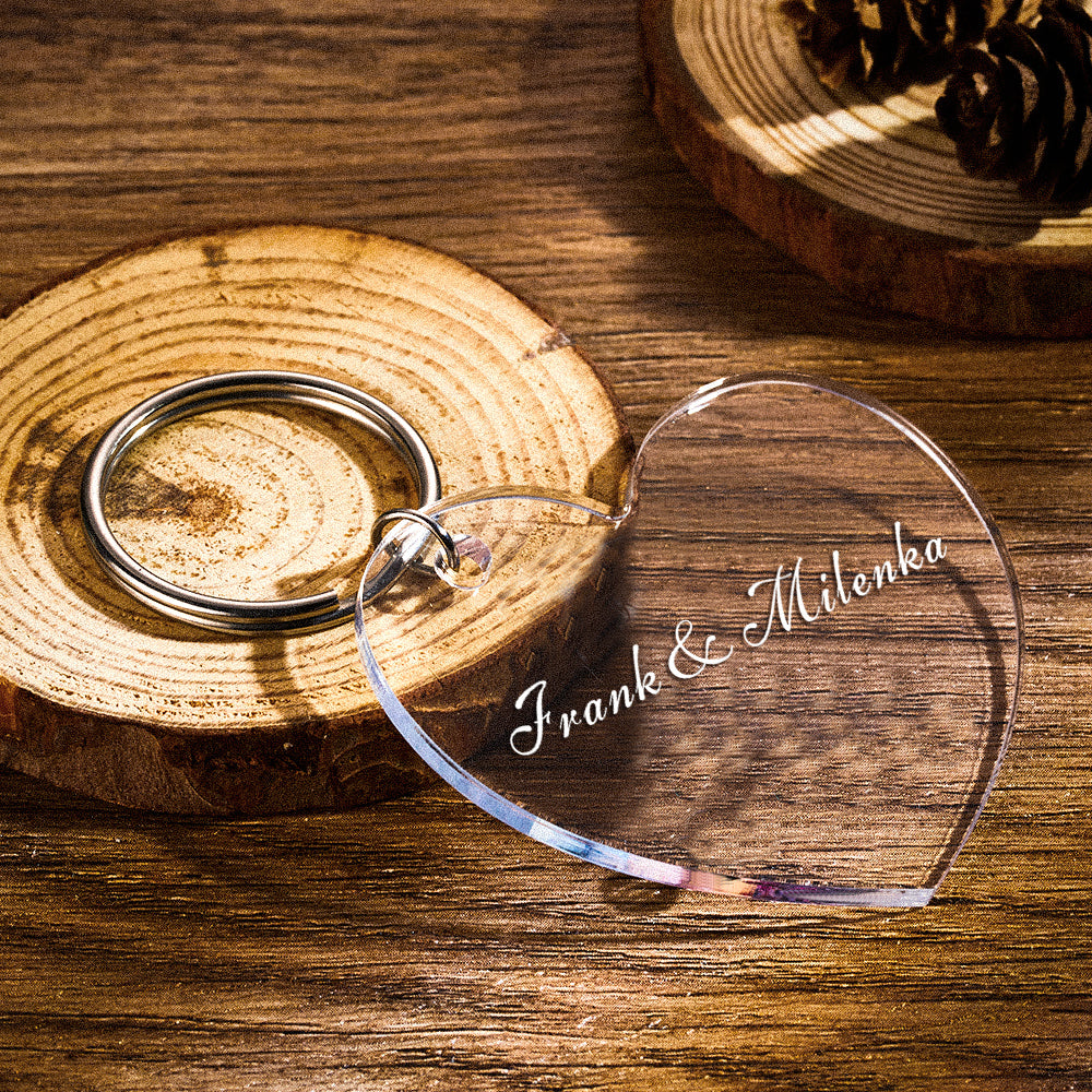 Close-up of personalised acrylic keyring engraving showing crisp photo etching and custom name with font detail