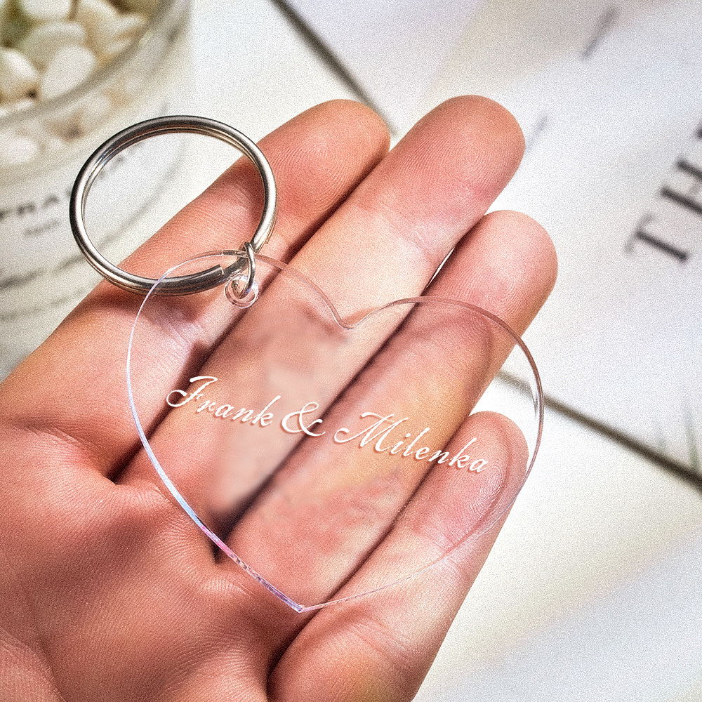 Personalised engraved keychain on a metal ring with keys, presented as a custom photo keepsake and gift-ready keyring