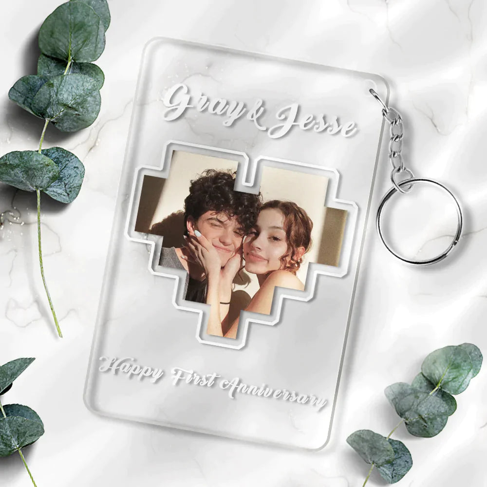 White-background personalised heart photo plaque and keyring with custom text — thoughtful personalised present for Mother’s Day, weddings or anniversaries