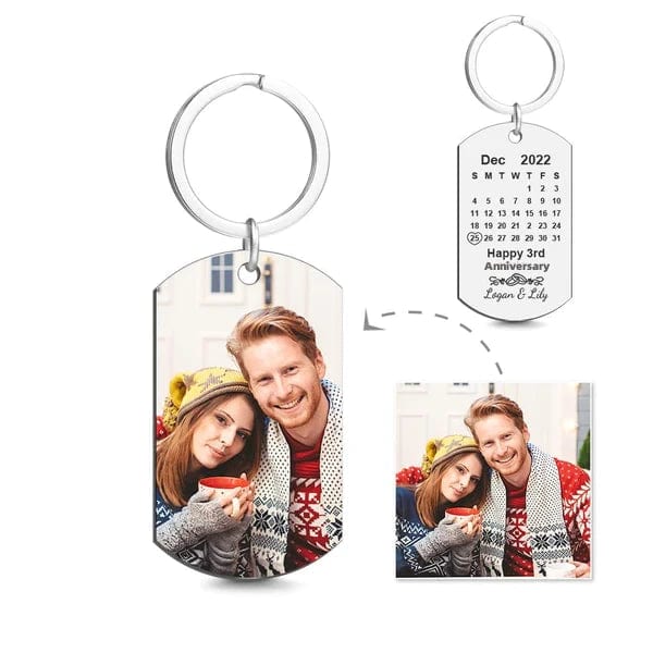 Personalised calendar engraved tag keyring, brushed metal finish with highlighted date — engraved date keyring and anniversary gift for couples
