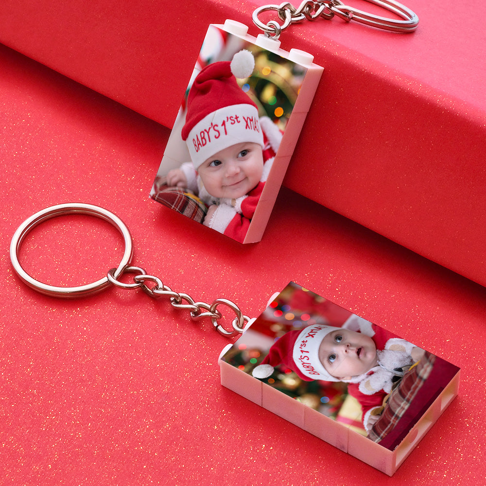 Personalised photo bricks displayed wall-mounted as a vertical photo keychain – custom puzzle keyring