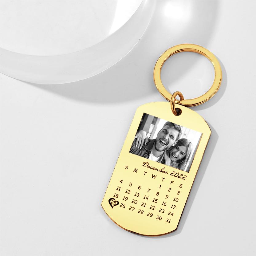 Stylish personalised photo calendar keyring with classic black filter aesthetic on a keyring chain — thoughtful birthday or anniversary gift for him.