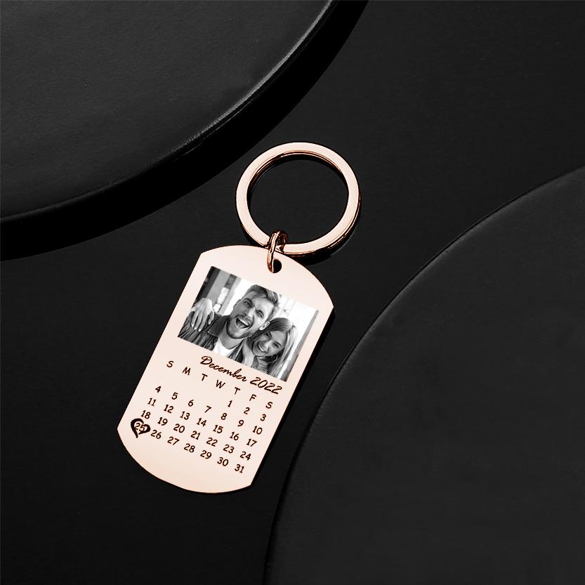 Personalised Photo Calendar Keyring in black filter with clear photo area and optional music/text customisation — unique personalised gift combining photo and sentiment.