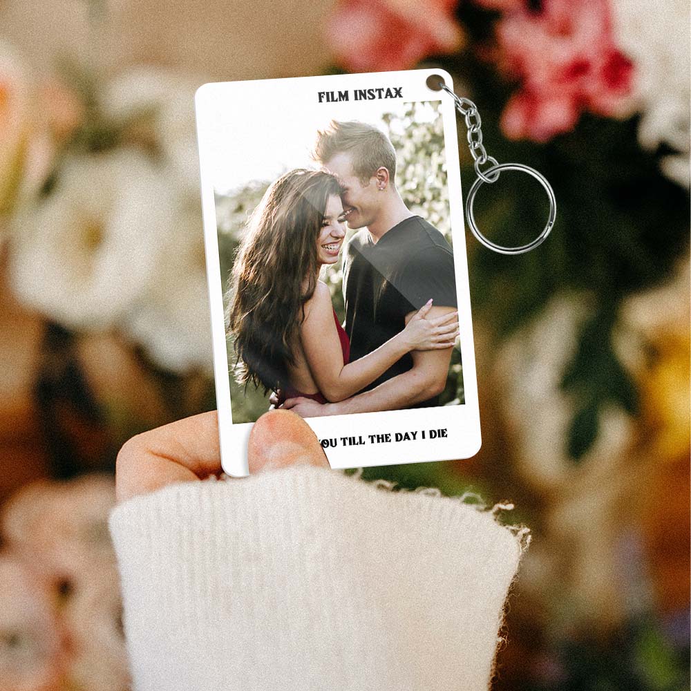 Compact personalised photo pass keyring attached to keys and a backpack, perfect anniversary or music fan gift