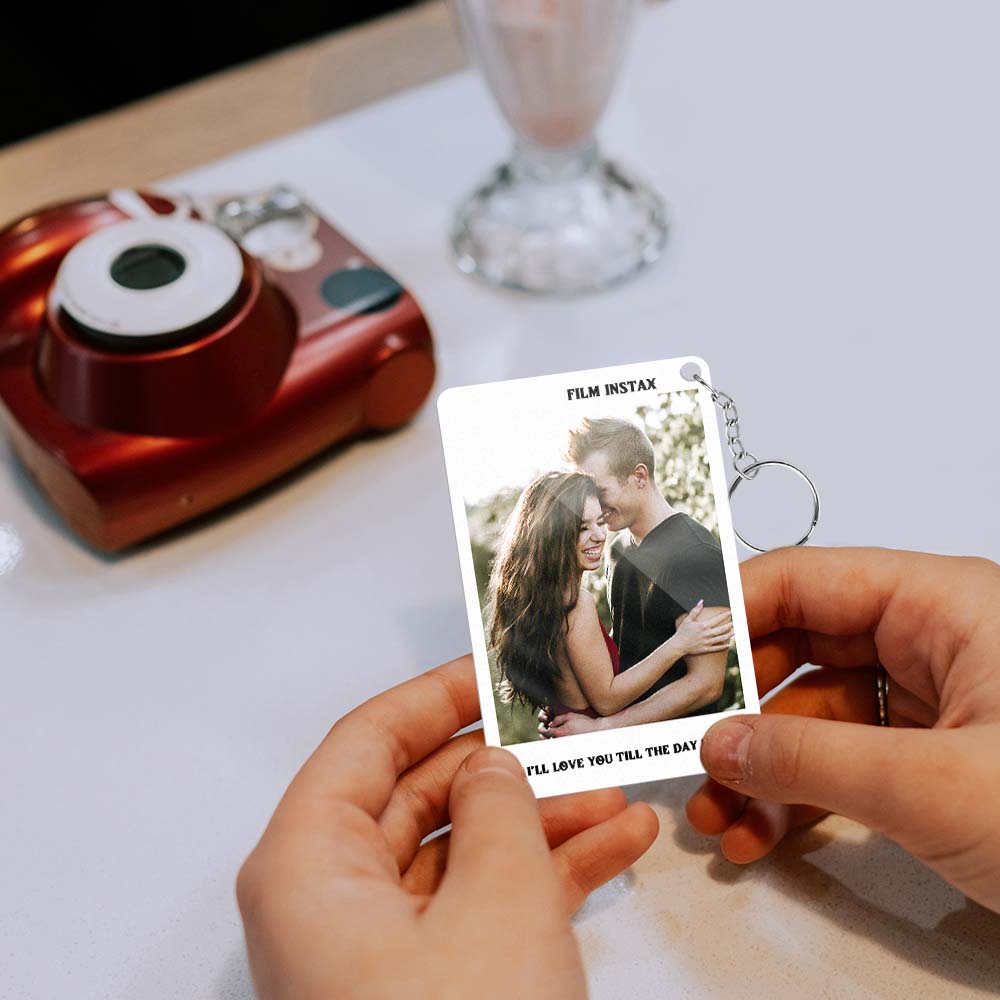 Two handcrafted personalised Polaroid photo keyrings displayed as unique anniversary and birthday gifts