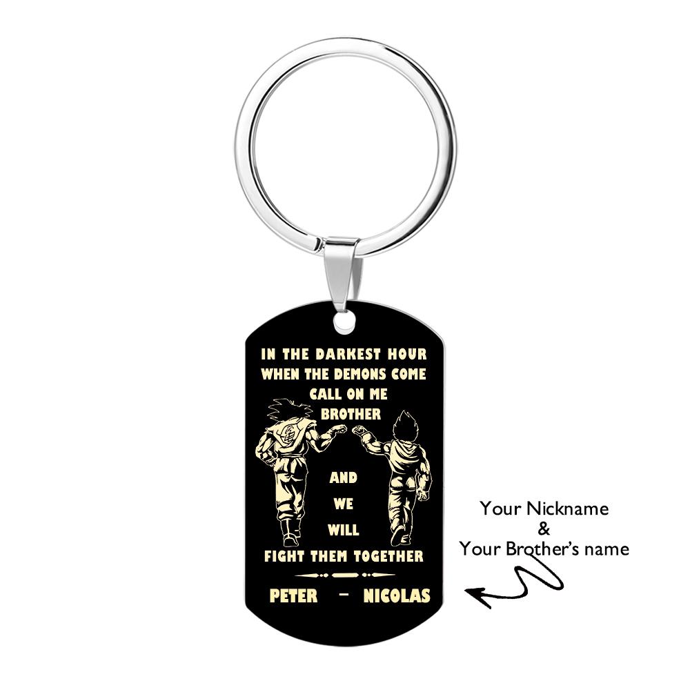 Close-up of Call On Me Brother engraved tag keyring in stainless steel showing the personalised message 'In the darkest hour, call on me' — a durable keepsake gift.