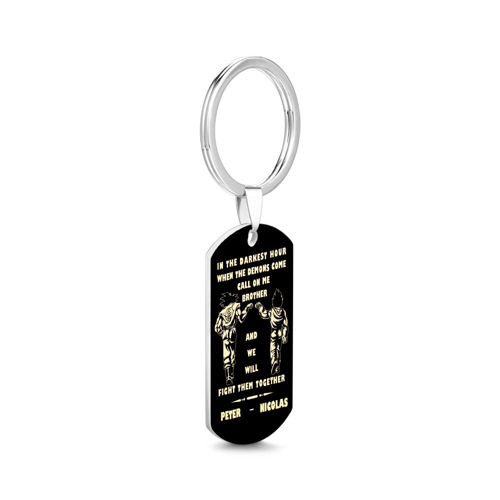 Detailed product image highlighting the personalised engraving, stainless steel finish and sturdy split-ring of the Call On Me Brother keyring.