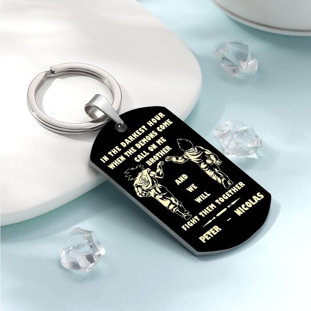 Close-up of Call On Me Brother engraved tag keyring in stainless steel showing the personalised message 'In the darkest hour, call on me' — a durable keepsake gift.