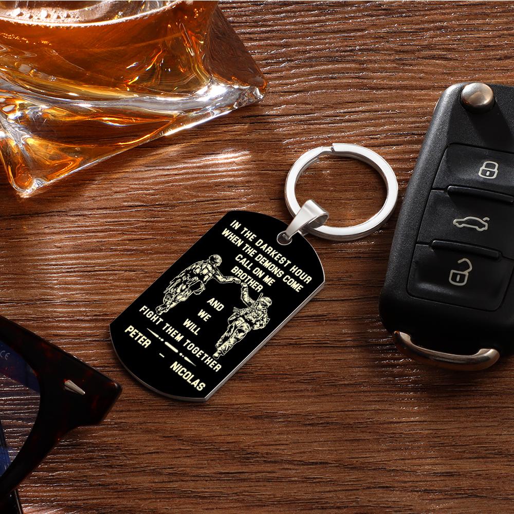 Detail image showing the engraved text and fine edging on the Call On Me Brother stainless steel tag — perfect for engraving names or dates.