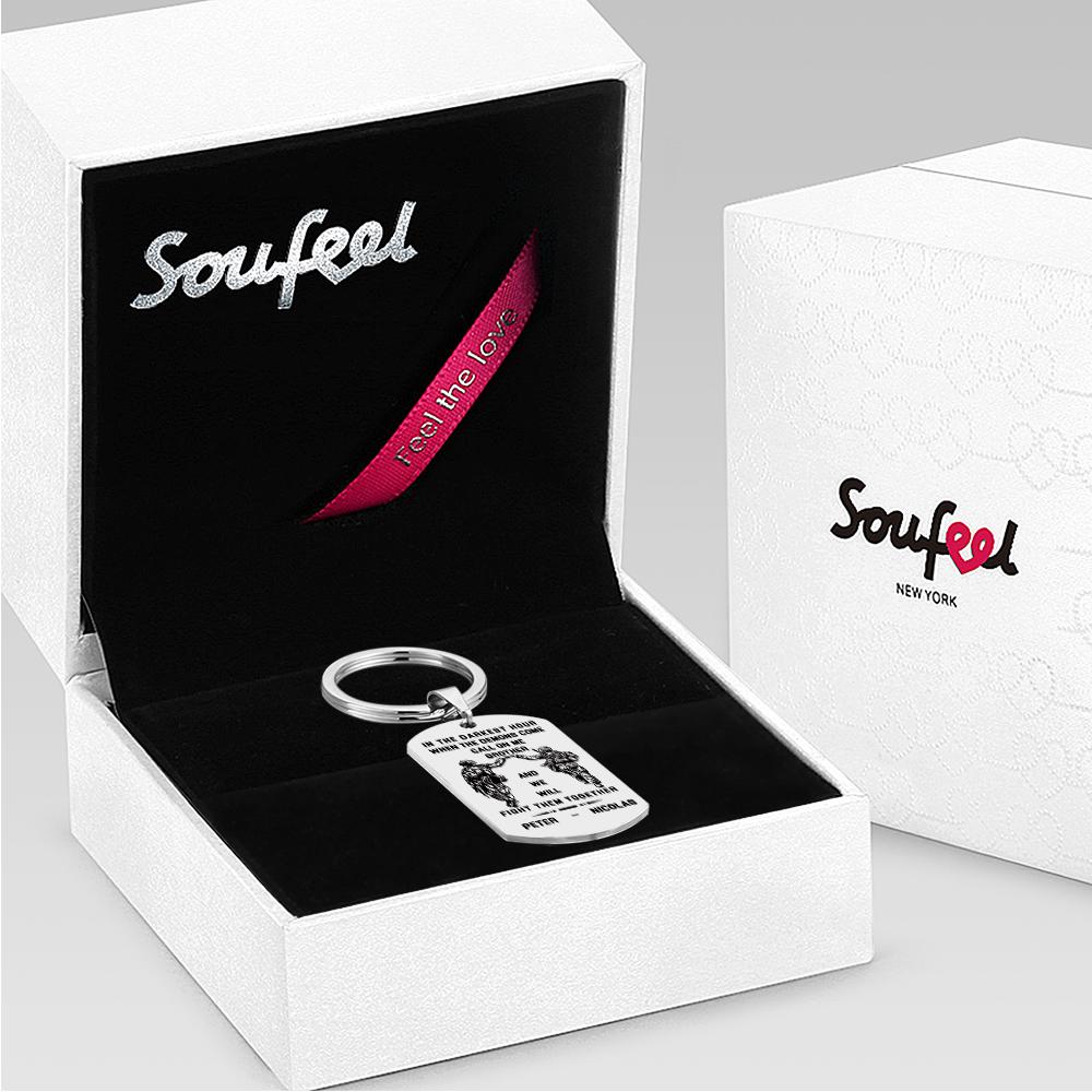 Personalised stainless steel tag shown with alternative engraving examples such as names and short dates for keepsakes.