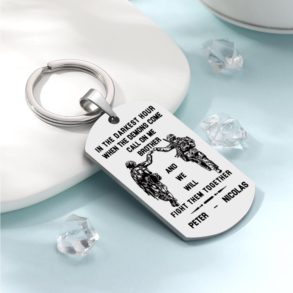 Styled product photo of the Call On Me Brother engraved tag keyring presented as a sentimental gift for special occasions.