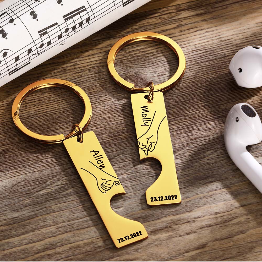 Personalised couple keychain set styled on wooden background perfect Valentine's Day present