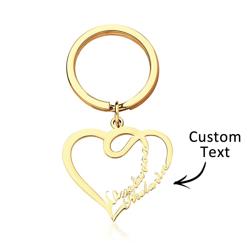 Personalised copper double‑heart engraved name keyring, gold‑plated couple gift — elegant personalised keychain and memorial keepsake