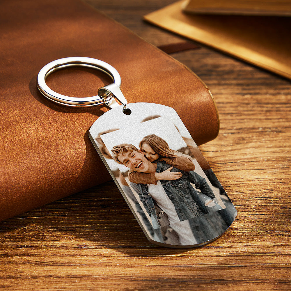 Close-up of the personalised metal keyring showing high‑resolution photo print on durable stainless steel pendant – perfect anniversary keepsake for boyfriend