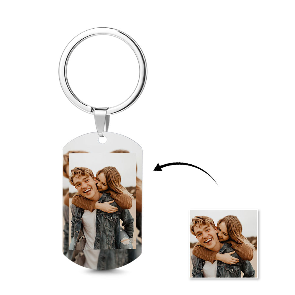 Personalised photo keychain on a set of keys highlighting lightweight, rust‑resistant stainless steel design – thoughtful custom metal anniversary gift for him