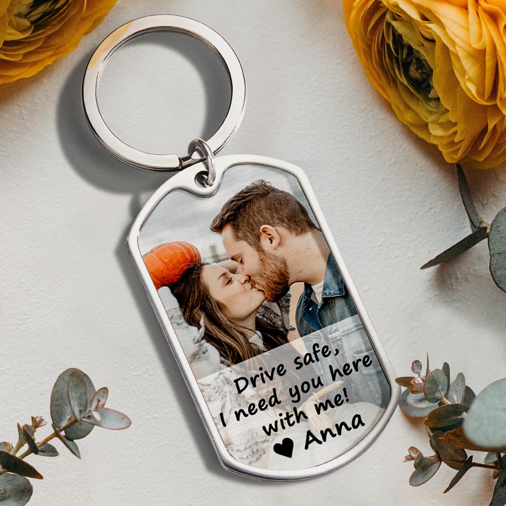 Personalised photo keyring on metal chain displayed as gift — durable custom metal couple keychain, ideal anniversary or Valentine's gift for him