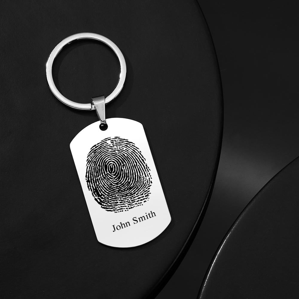 Close-up of crisp fingerprint engraving on personalised photo keychain showing fine detail — custom keepsake for boyfriend