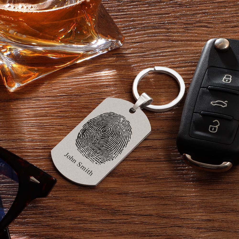 Gift-ready personalised photo keychain presented in stylish packaging featuring custom fingerprint engraving — perfect birthday or Valentine’s gift for boyfriend