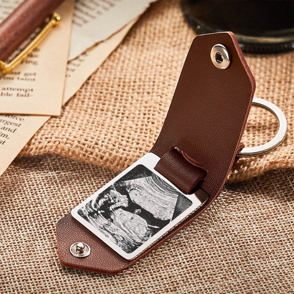 Personalised leather keyring shown with house and car keys, practical Dad present for everyday use