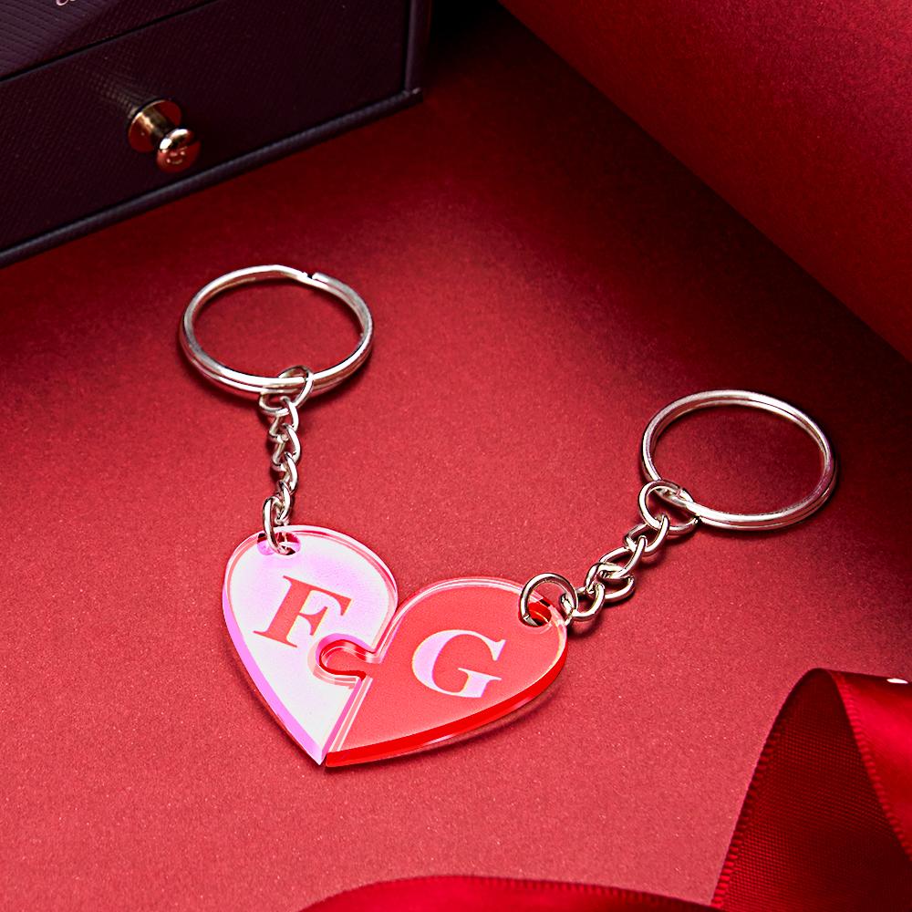 Close up of personalised initial engraving on heart puzzle keyring pendant showing neat engraving and interlocking design