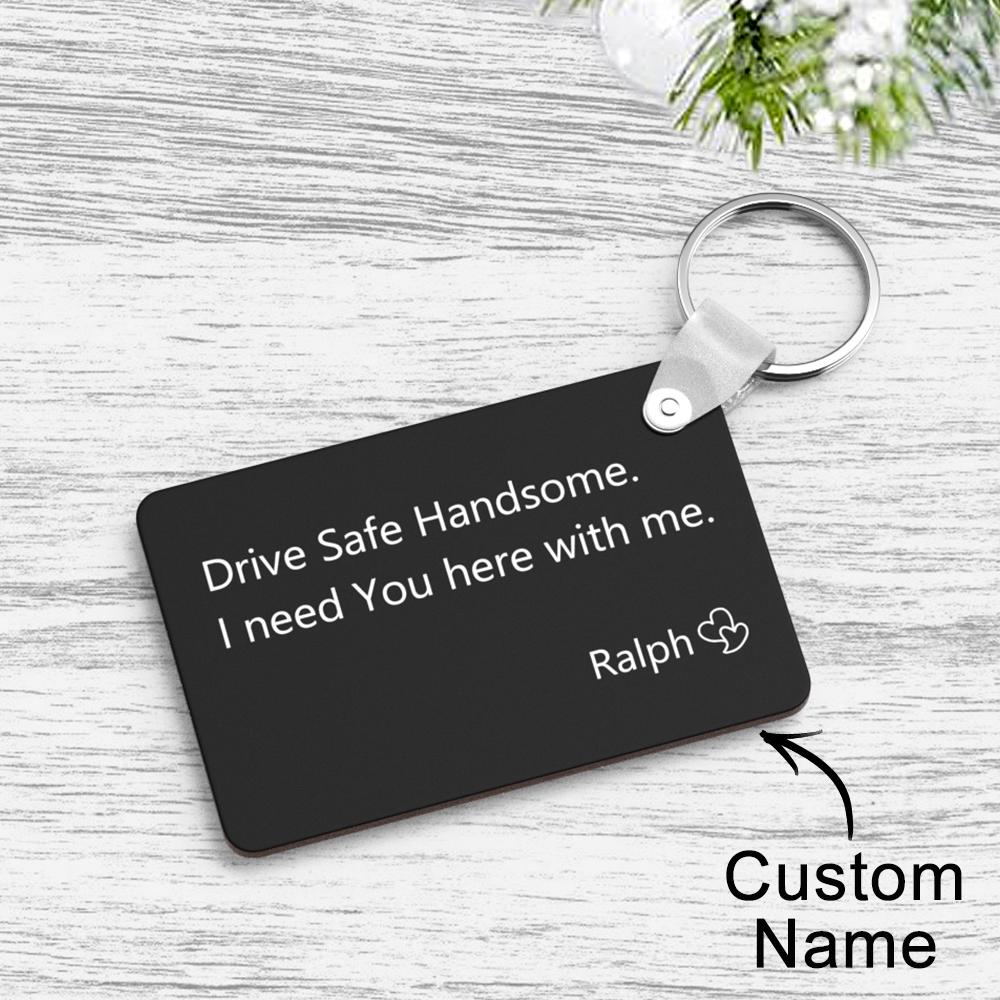 Custom engraved keychain attached to car keys — a personalised safe driving reminder and comforting couple gift for daily commutes