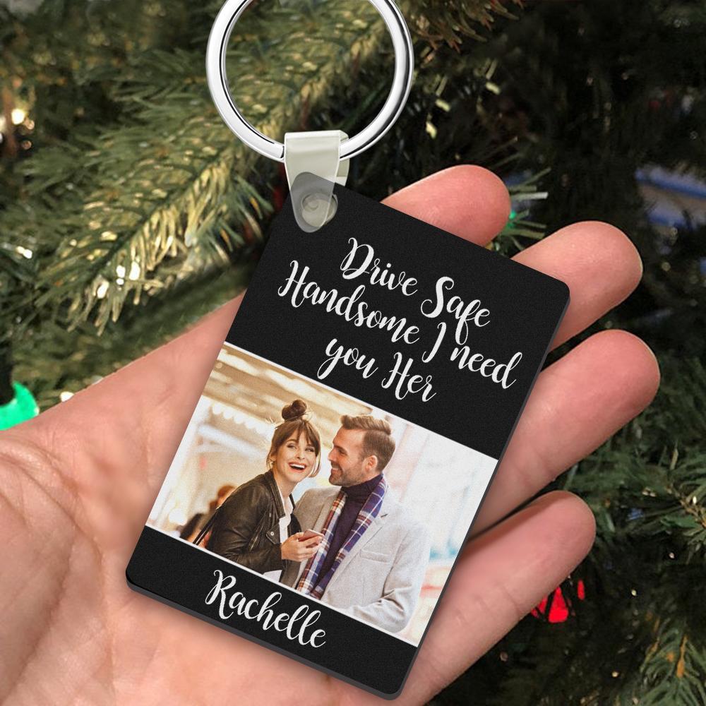 Close-up of personalised photo engraved keychain showing high‑resolution laser engraving on durable metal alloy and sturdy keyring – perfect drive safe keepsake