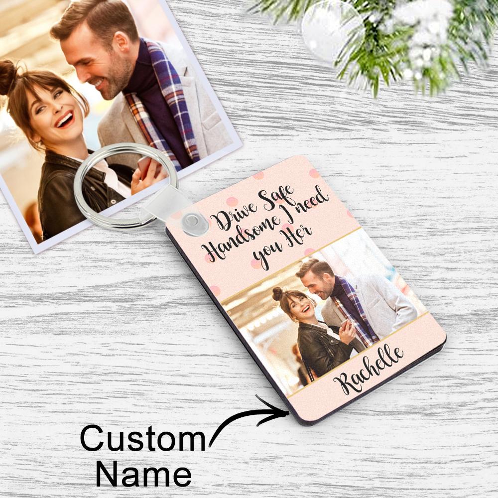 Lifestyle shot of personalised drive safe keychain attached to car keys – thoughtful couple gift for anniversaries or Valentine's Day, photo-engraved keepsake