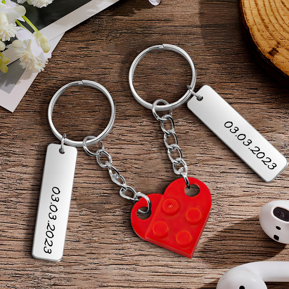 Personalised Date-Matching Couples Heart Brick Keychain set — matching engraved heart bricks on key rings, ideal anniversary or Valentine’s gift