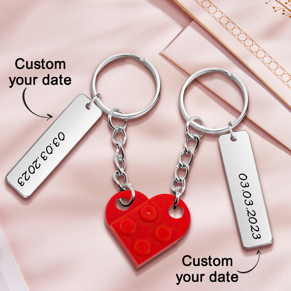 Personalised Date-Matching Couples Heart Brick Keychain set — matching engraved heart bricks on key rings, ideal anniversary or Valentine’s gift