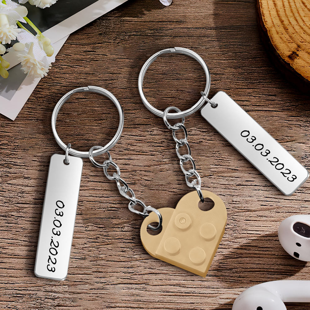Single personalised heart brick keychain on a key ring to show scale and durable finish with customisable text or date