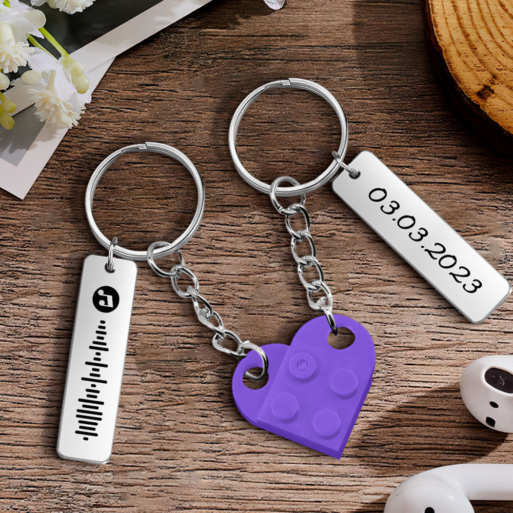 Macro shot of scannable music code engraving on a heart brick keyring with matching date – custom audio keepsake keyring