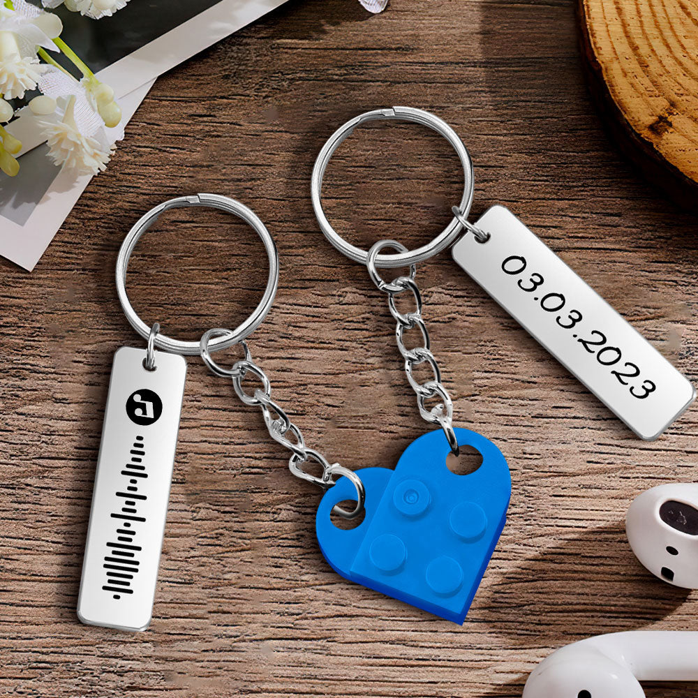 Examples of personalised text layouts on heart brick keyrings showing names, dates and short messages – custom engraved keyring options