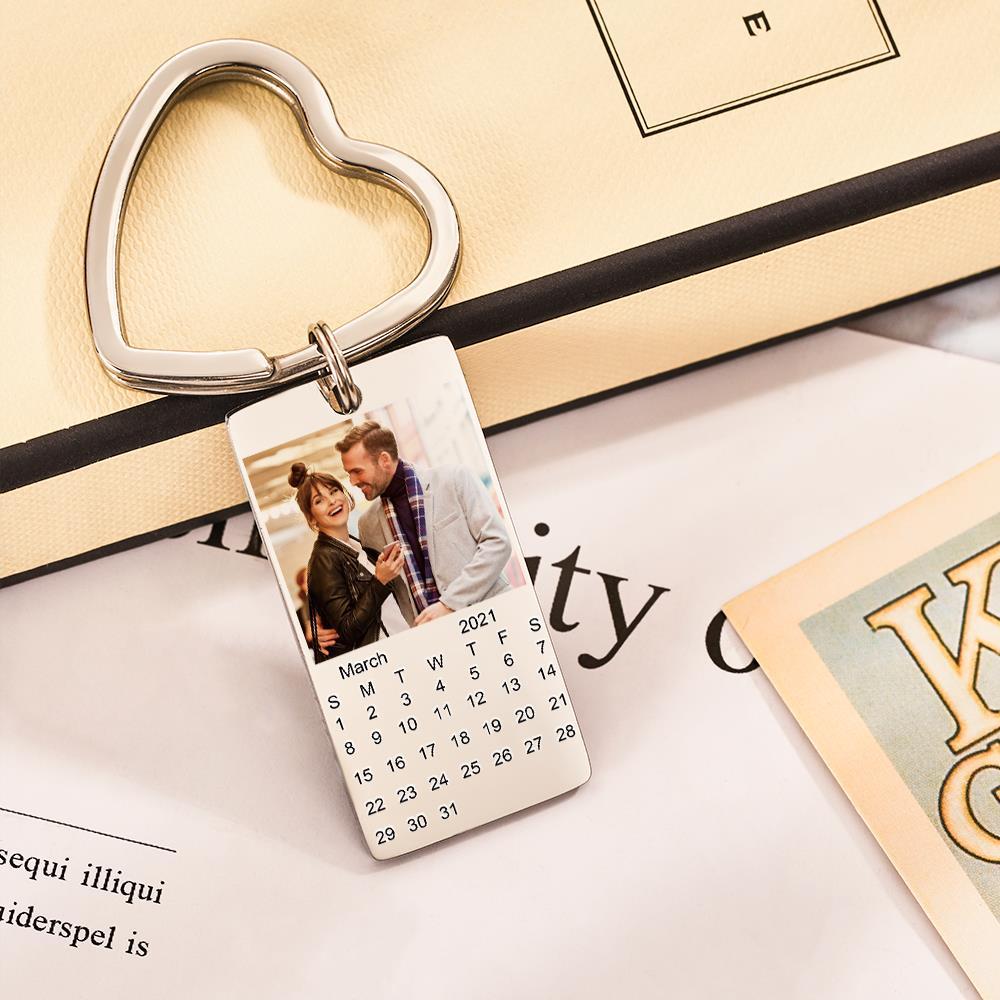 Silver stainless steel personalised calendar photo keyring showing a clear printed portrait and mini calendar — custom calendar keychain keepsake