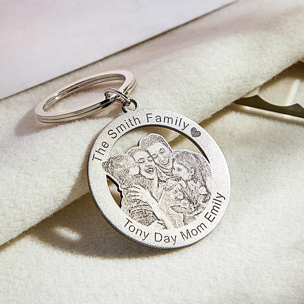 Personalised photo keyring clipped to a bag zip — portable custom memory keepsake