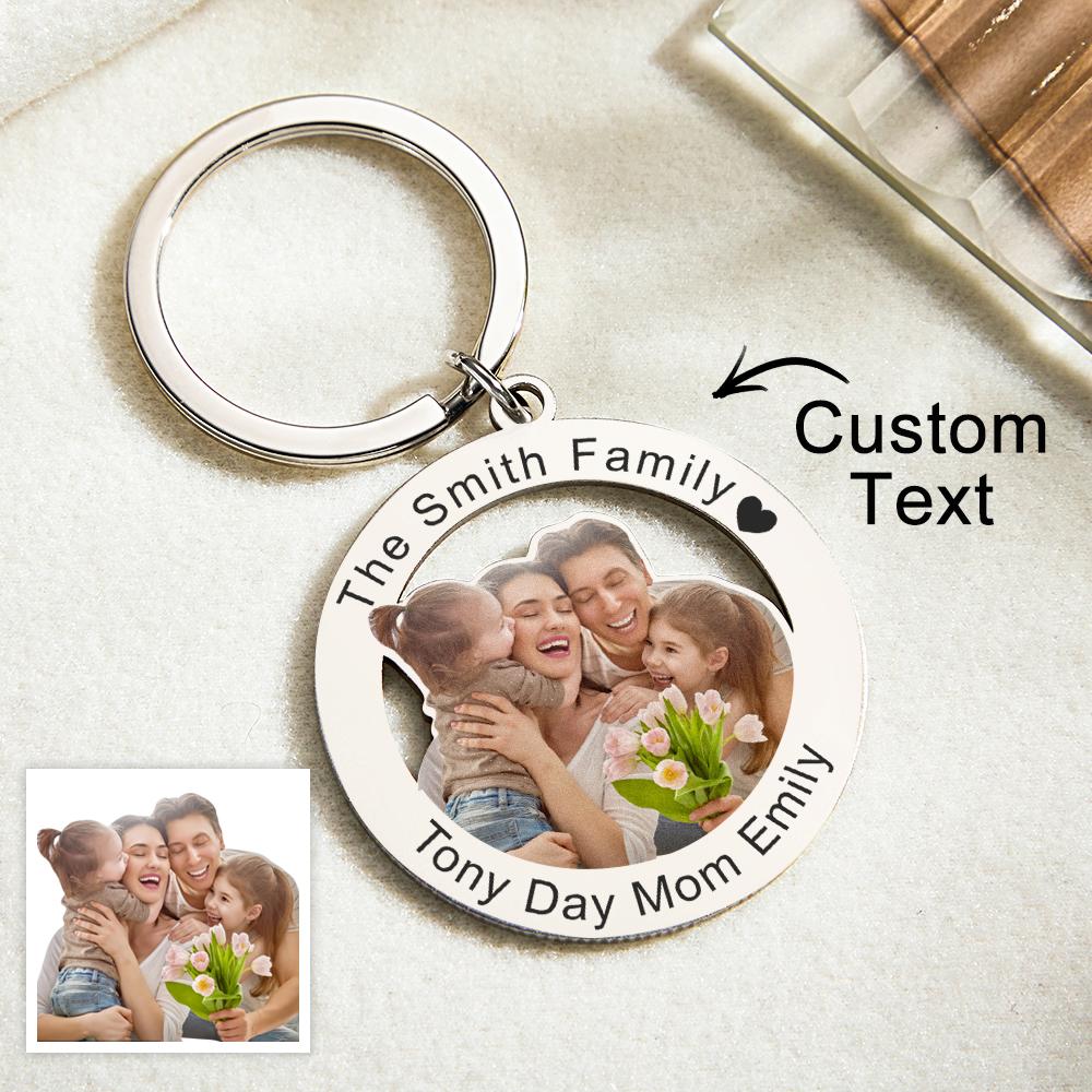Close-up of personalised photo keyring showing clear custom family photograph and metal ring