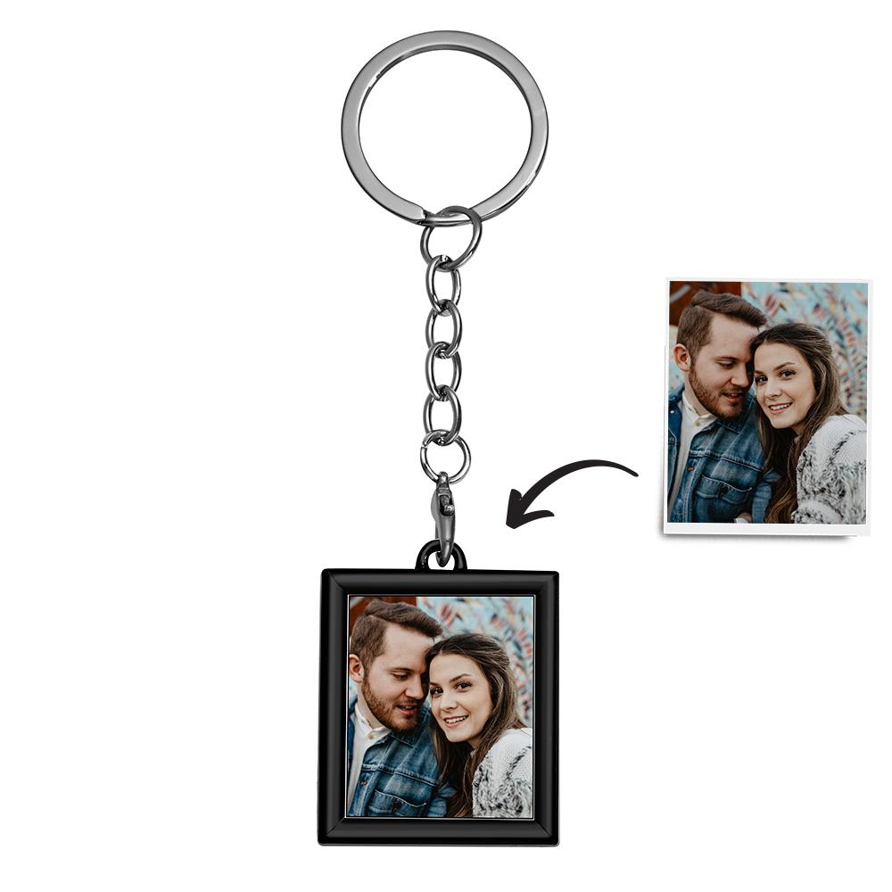 Personalised photo keychain close-up — minimalist rectangular photo frame keyring with a clear portrait insert, perfect personalised photo gift
