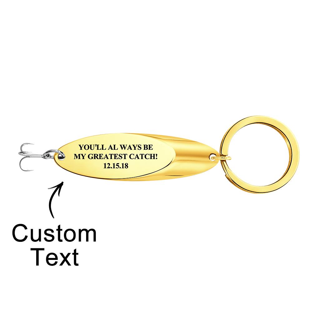 Fish hook keyring attached to keys and leather fob — engraved keychain styled as a personalised keyring for him, perfect gift for dads or husbands